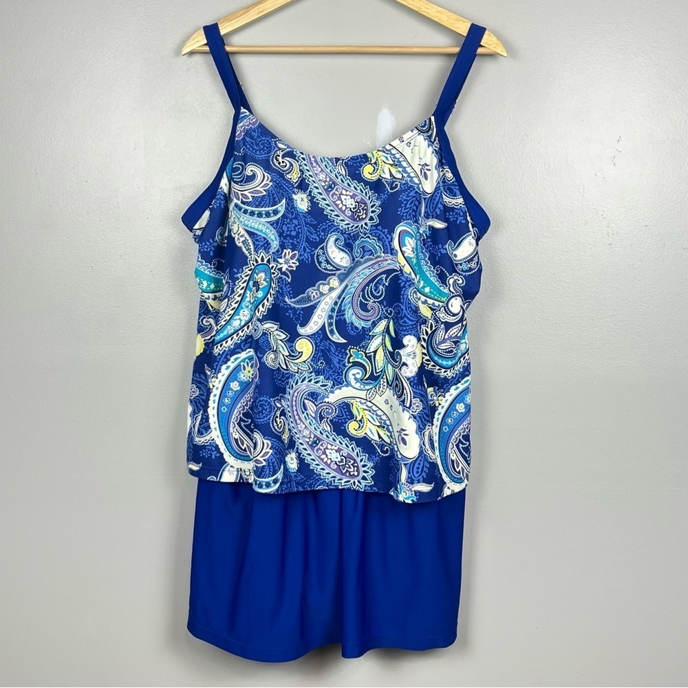 Catherines blue paisley print modest 1 piece swimdress, size 20W.